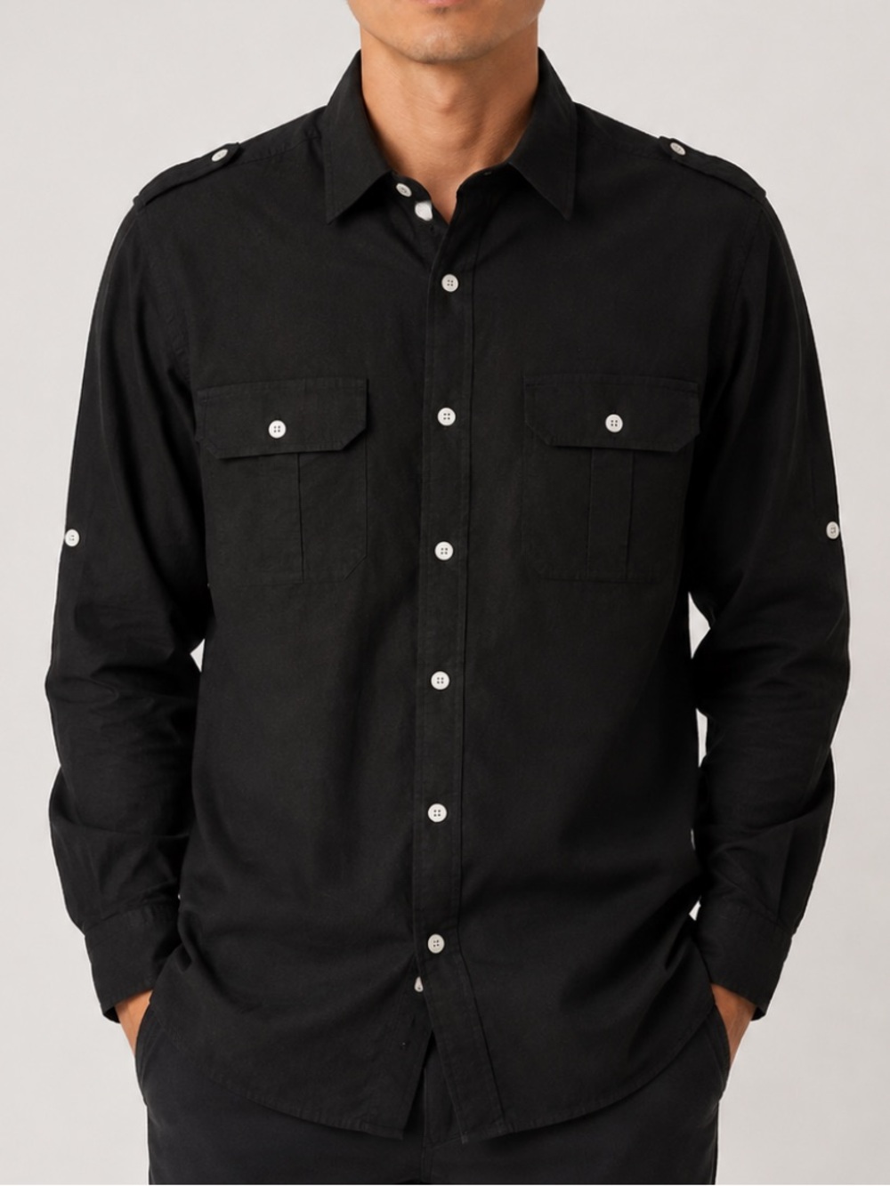 PD&C Black Casual Button-Down Shirt with Flap Pockets NWOT Large size slim fit